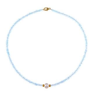 14K Gold Over Sterling Silver White Freshwater Pearl Blue Topaz Necklace (9 10 mm) DaVonna Pearl Necklaces