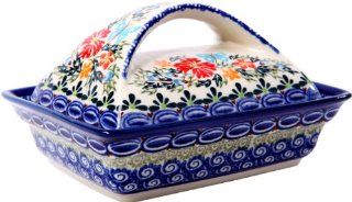 Polish Pottery Ceramika Boleslawiec, 0352/238, Butter Dish Deep, 2 Cubes, Royal Blue Patterns with Red Cornflower and Blue Butterflies Motif Kitchen & Dining
