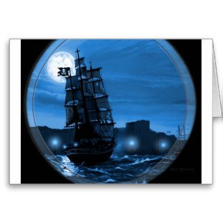 Moon lit sailing ship through a Spyglass Greeting Cards