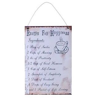 'recipe for a happy life' hanging sign by sleepyheads