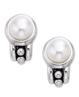 Horona Style White Cultured Button Pearl Earrings in Sterling Silver   Earrings   Jewelry & Watches