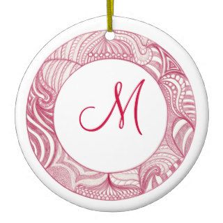 Red White Abstract Line Drawing Circle Monogram Christmas Ornament