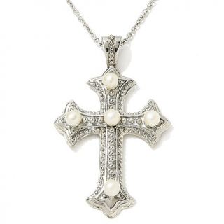Stately Steel Cultured Freshwater Pearl Cross Pendant with Chain