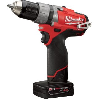 Milwaukee M12 FUEL Cordless Hammer Drill/Driver Kit — 1/2in. Chuck, 12 Volt, With 1 Compact 2.0 Ah and 1 Extended Run 4.0 Ah Battery, Model# 2404-22  Cordless Drills
