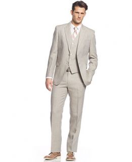 Lauren by Ralph Lauren Grey Linen Stripe Vested Suit Slim Fit   Suits & Suit Separates   Men