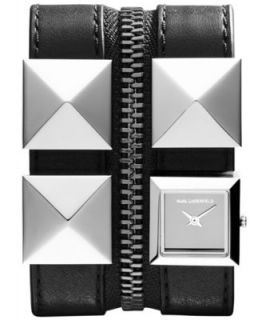 Karl Lagerfeld Womens Black Ion Plated Stainless Steel Stud and Black Leather Double Strap Watch 18mm KL2002   Watches   Jewelry & Watches