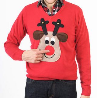 squeaky nose rudolph christmas jumper v neck by woolly babs christmas jumpers