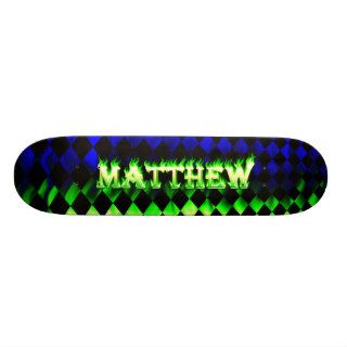 Matthew skateboard green fire and flames design.
