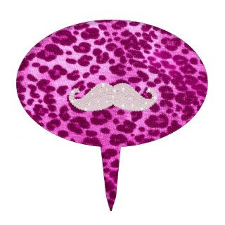Pink Cheetah Print Glitter Photo Print Mustache Cake Topper