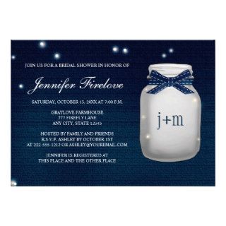 Navy Monogrammed Firefly Mason Jar Bridal Shower Invitation