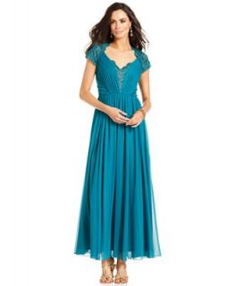 Alex Evenings Petite Dress, Short Sleeve Sequined Lace Pleated Gown   Dresses   Women