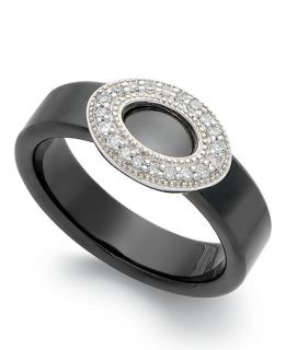 Sterling Silver and Black Ceramic Ring, Diamond Accent Oval Ring   Rings   Jewelry & Watches