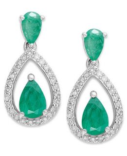 Sterling Silver Earrings, Emerald (1 1/2 ct. t.w) and Diamond (1/5 ct. t.w.) Pear Shaped Drop Earrings   Earrings   Jewelry & Watches