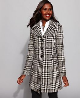 Larry Levine Coat, Notched Collar Houndstooth Plaid Wool Blend Walker   Coats   Women