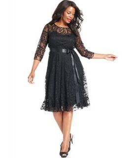 Jessica Howard Plus Size Three Quarter Sleeve Belted Lace Dress   Dresses   Plus Sizes