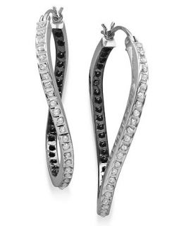 Sterling Silver Earrings, Black and White Diamond Accent Oval Twist Hoop Earrings   Earrings   Jewelry & Watches