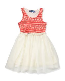 2 Tone Lace/Chiffon Belted Dress, Coral/Ivory, 7 10