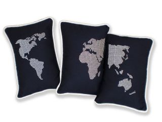 set of three embroidered world map cushions by kate sproston design