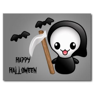 Kawaii Grim Reaper And Text Happy Halloween Post Cards
