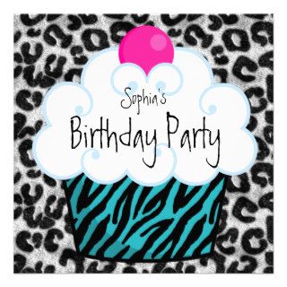 Teal Blue Zebra Girls Cupcake Birthday Party Personalized Invites