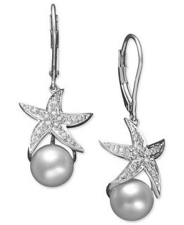 Sterling Silver Earrings, Cultured Freshwater Pearl (8mm) and Diamond Accent Starfish Earrings   Earrings   Jewelry & Watches