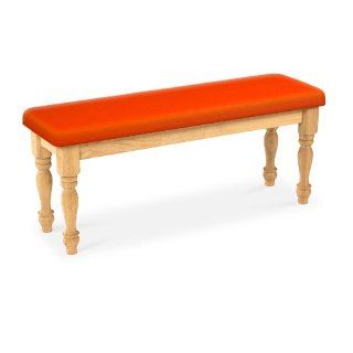 Wood Country Style Natural Farmhouse Dining Bench with Orange Vinyl Cushion   Dining Chairs