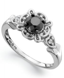 Sterling Silver Ring, Black and White Diamond Twist Halo Engagement Ring   Rings   Jewelry & Watches
