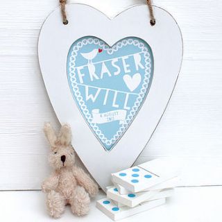 personalised new baby heart framed blue by birdyhome