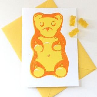 gummy bear linocut card by woah there pickle