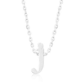 Kate Bissett CZ White Gold Rhodium Bonded Simple Initial J Pendant with Lobster Clasp set in Silvertone. All Pendants come with 18 inch chain with 2 inch extender. Kate Bissett Jewelry
