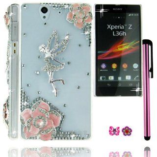 Fimeney Luxury Handmade Silvery Crystal Diamond Rhinestones Fairytale Butterfly Spirit Pink Camellia Flower Clear Transparent Back Hard Protective Case Cover Shell for Sony Xperia Z L36h + Cleaning Cloth + 2013 Calendar Card + Pink Stylus Pen + Butterfly A