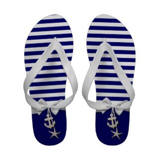 Nautical blue stripe white ribbon & charms graphic flip flops