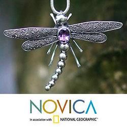 Sterling Silver 'Enchanted Dragonfly' Amethyst Necklace (Indonesia) Novica Necklaces