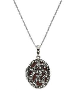 Genevieve & Grace Sterling Silver Carnelian (5 3/4 ct. t.w.) and Marcasite Locket Pendant Necklace   Necklaces   Jewelry & Watches