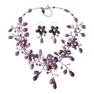 Floral Nature Purple Ametyst and Pink Pearl Jewelry Set (Thailand) Jewelry Sets