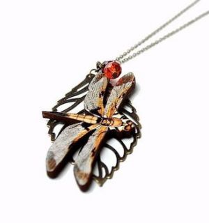 amber wooden dragonfly necklace by artysmarty