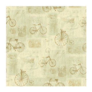 York Wallcoverings Europa II Bicycle Postmark Toile PrepastedWallpaper, Tan/Pale Green/Gold   Wallpaper  