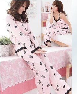Queen's Park Women Cotton Pajamas Spring and Autumn Roses Parure Strap Pink Pajamas (L code (161 165cm) coat bust 100cm Length 64cm, pink) Beauty
