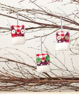 set of three owl christmas tree decorations by lula handmade