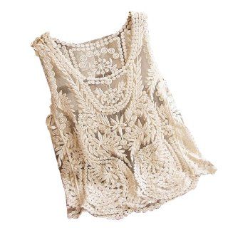 Womens Lace Floral Sleeveless Crochet Knit Vest Tank Top M/US8 10, Beige Beauty