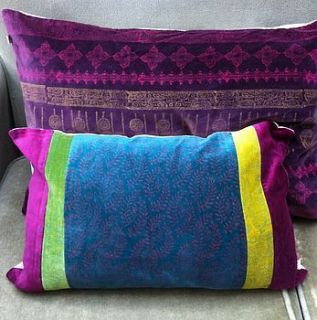 block printed velvet cushion in teal and pink by the forest & co