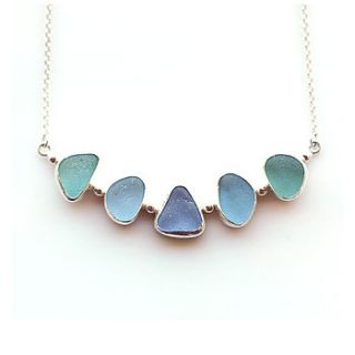 blue and green sea glass bar necklace by tania covo