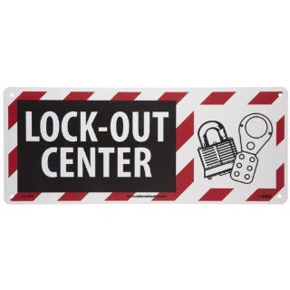 NMC SA148R Lockout Tagout Sign, Legend "LOCK OUT CENTER" with Graphic, 17" Length x 7" Height, Rigid Plastic, White/Red on Black Industrial Warning Signs