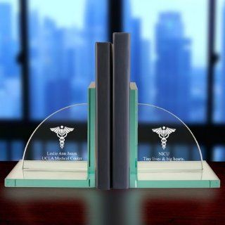 Personalized Jade Glass Medical Caduceus Bookends   Decorative Bookends