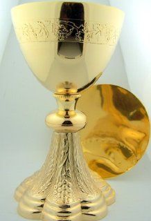 Grape & Wheat Church Chapel Gold Gild Priest Chalice & Paten Pastor Gift 8" Tall Goblets Kitchen & Dining