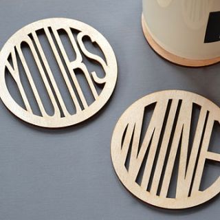 'mine' and 'yours' set of wooden coasters by clouds and currents