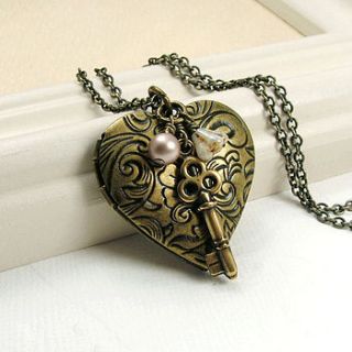 brass heart locket and key necklace by wished for