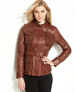 Anne Klein Buckle Collar Belted Leather Jacket   Jackets & Blazers   Women