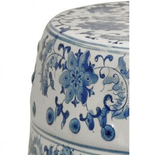 Oriental Furniture 18" Lacquered Floral Blue and White Porcelain Garden Stool