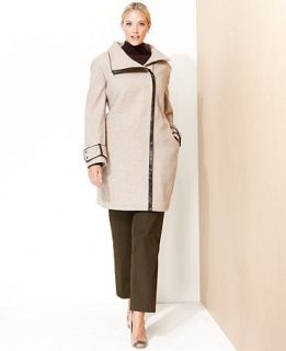 Calvin Klein Plus Size Funnel Neck Faux Leather Trim Coat   Coats   Women